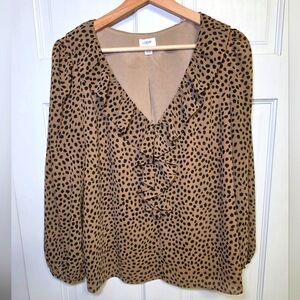 J Crew Leopard Printed V-Neck Ruffle Top- Women's Size Lg